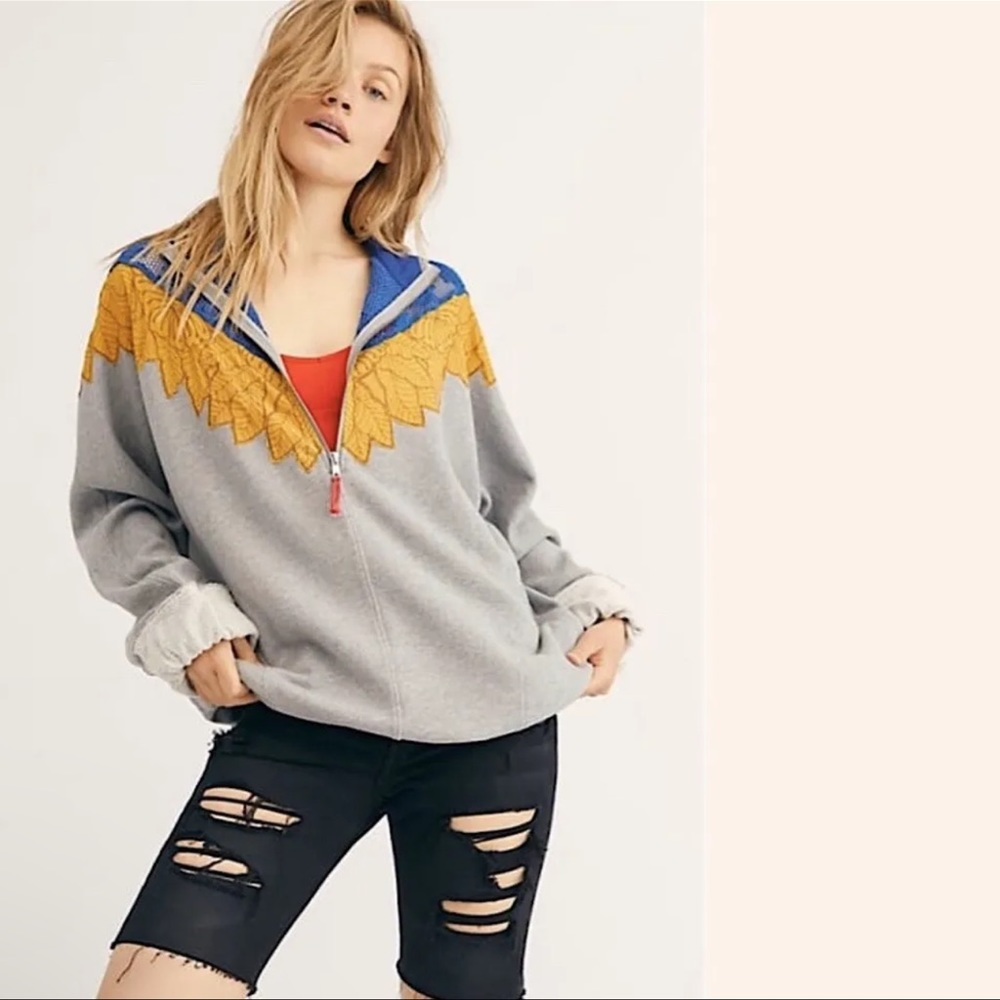 Free People Gray Sweatshirt with Mustard & Blue Yoke